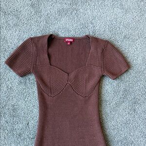 STAUD Chocolate Ribbed Short Sleeve Top size S